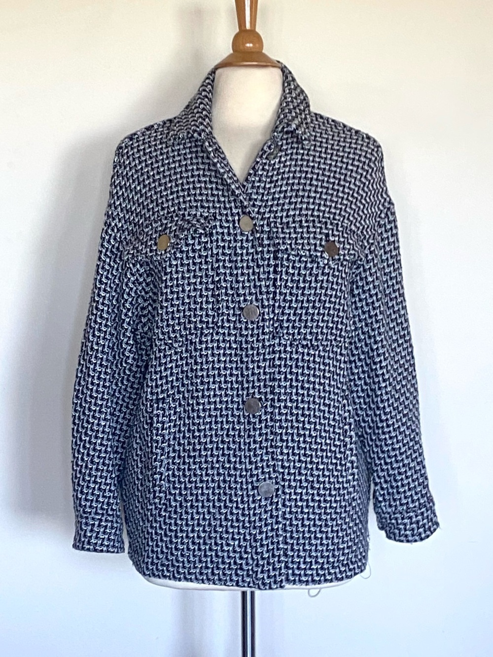 Zara Black & White Houndstooth Tweed Patterned Jacket / Shacket Sz XS